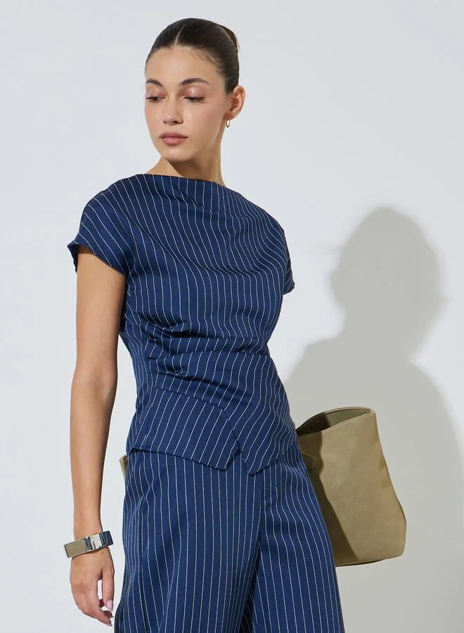 Styli Navy Blue Pinstripe Asymmetric Hem Top