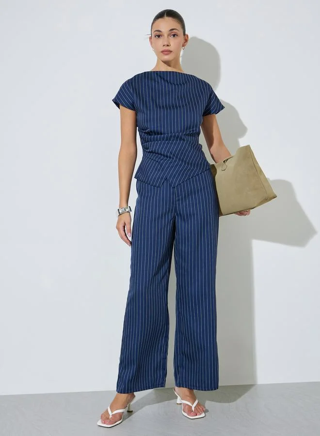 Styli Navy Blue Pinstripe Asymmetric Hem Top