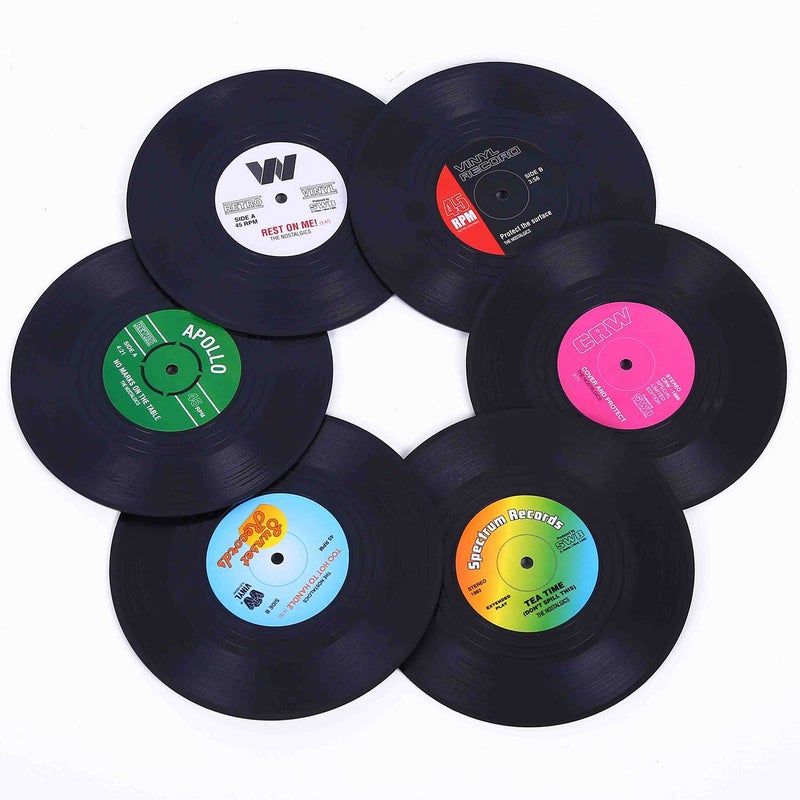 Coasters for Drinks with Gift Box  Set of 6 Colorful Retro Vinyl Record Disk Coasters with Funny LabelsPrevent Furniture from Dirty and Scratched42 Inch