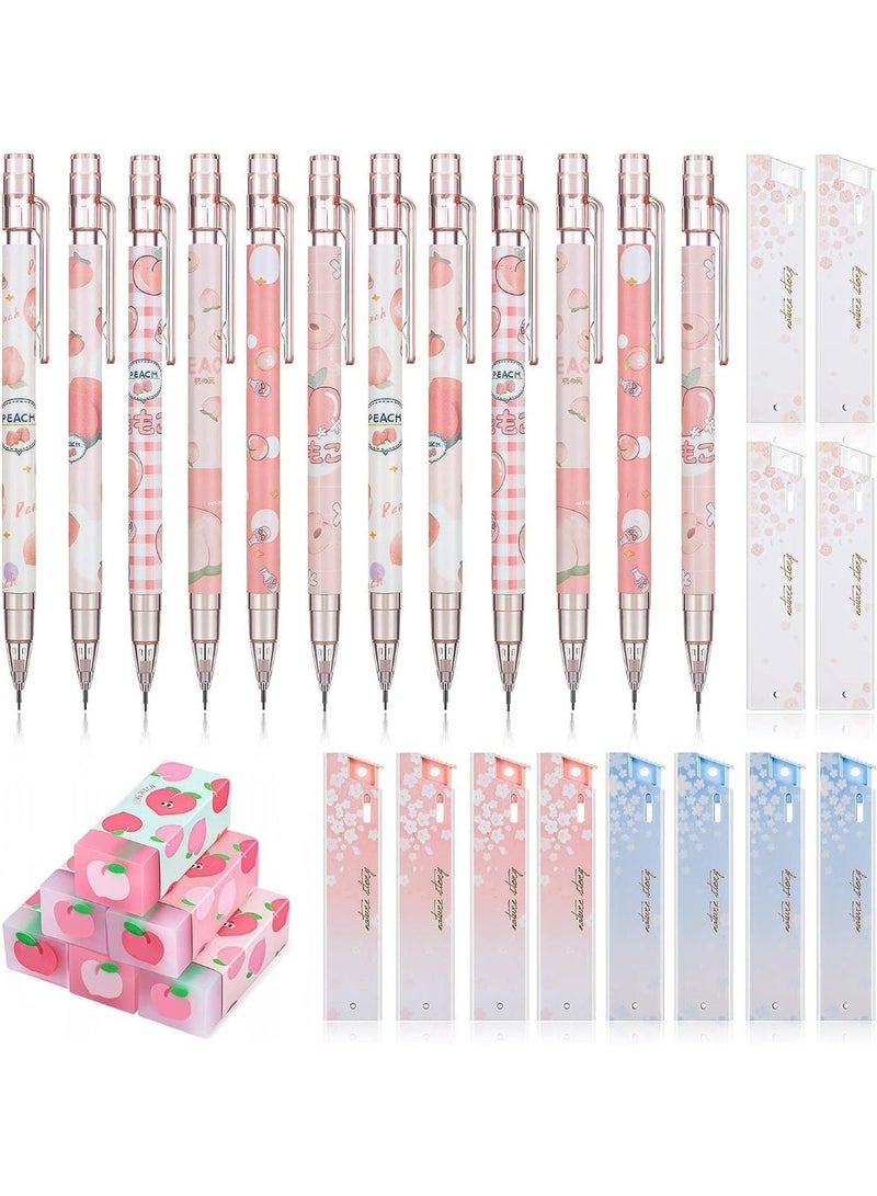 12 Pieces Juice Peach Mechanical Pencil,with 6 Cute Peach Erasers and 12 Tube HB Pencil,Refills Fruit Mechanical Pencil Set for Student Writing, Drawing, Sketching, Architecture (0.5mm) - Image 1
