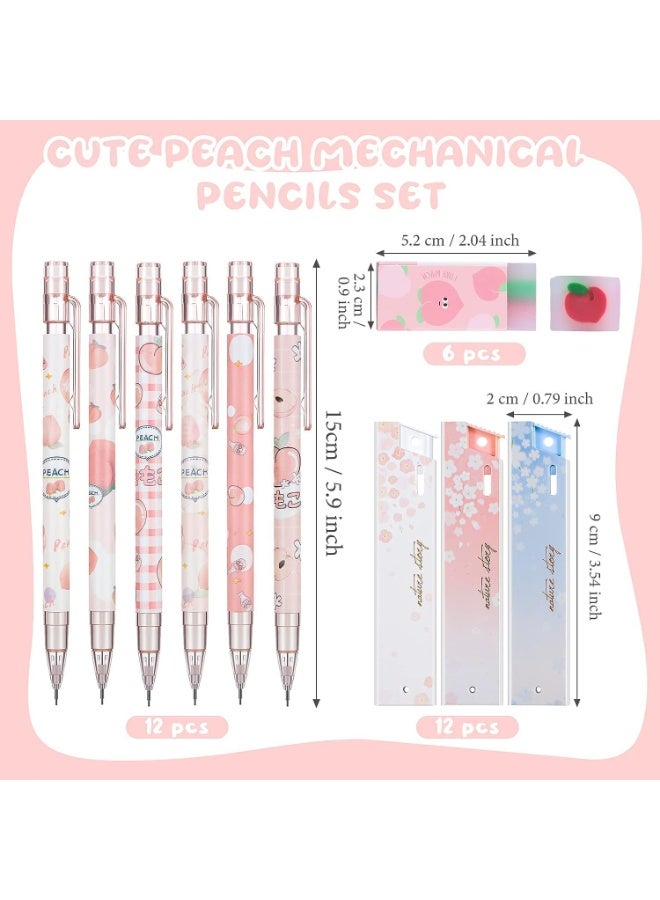 12 Pieces Juice Peach Mechanical Pencil,with 6 Cute Peach Erasers and 12 Tube HB Pencil,Refills Fruit Mechanical Pencil Set for Student Writing, Drawing, Sketching, Architecture (0.5mm) - Image 2