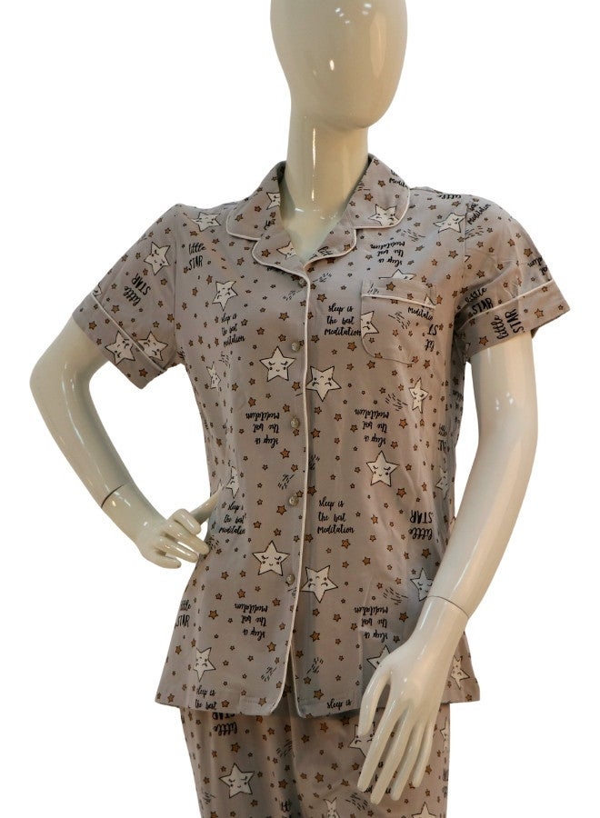 JOANNA JOANNA Women's Stars Design Button Down Short Sleeve Shirt & Long Pants Pajama Set, Grey  - Image 2