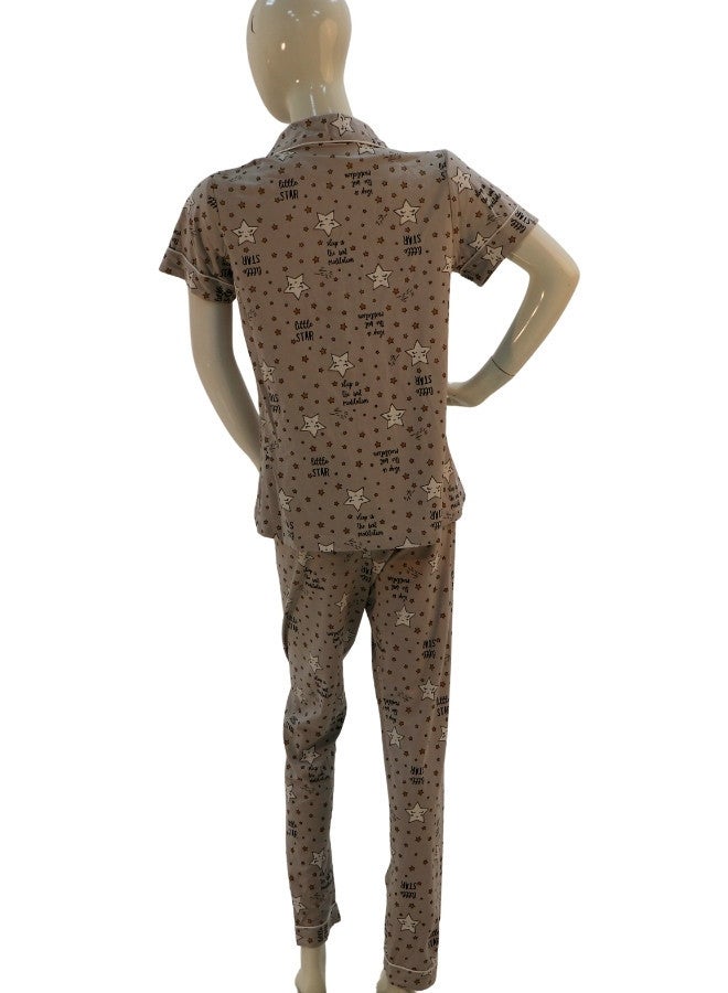 JOANNA JOANNA Women's Stars Design Button Down Short Sleeve Shirt & Long Pants Pajama Set, Grey  - Image 4