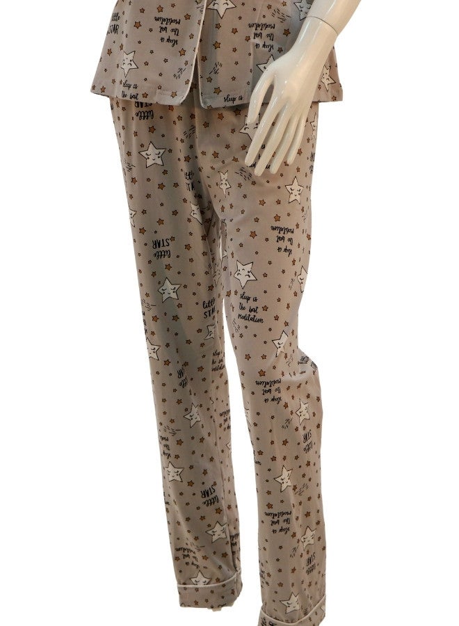 JOANNA JOANNA Women's Stars Design Button Down Short Sleeve Shirt & Long Pants Pajama Set, Grey  - Image 3