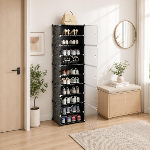 KRISHYAM® Plastic Shoe Rack for Home with Door, DIY Modular Shoe Organizer, Waterproof Dustproof Stackable Shoe Storage Cabinet for Shoes, Slippers & Boots (10 Shelves - 5 Door, Black) - Image 1