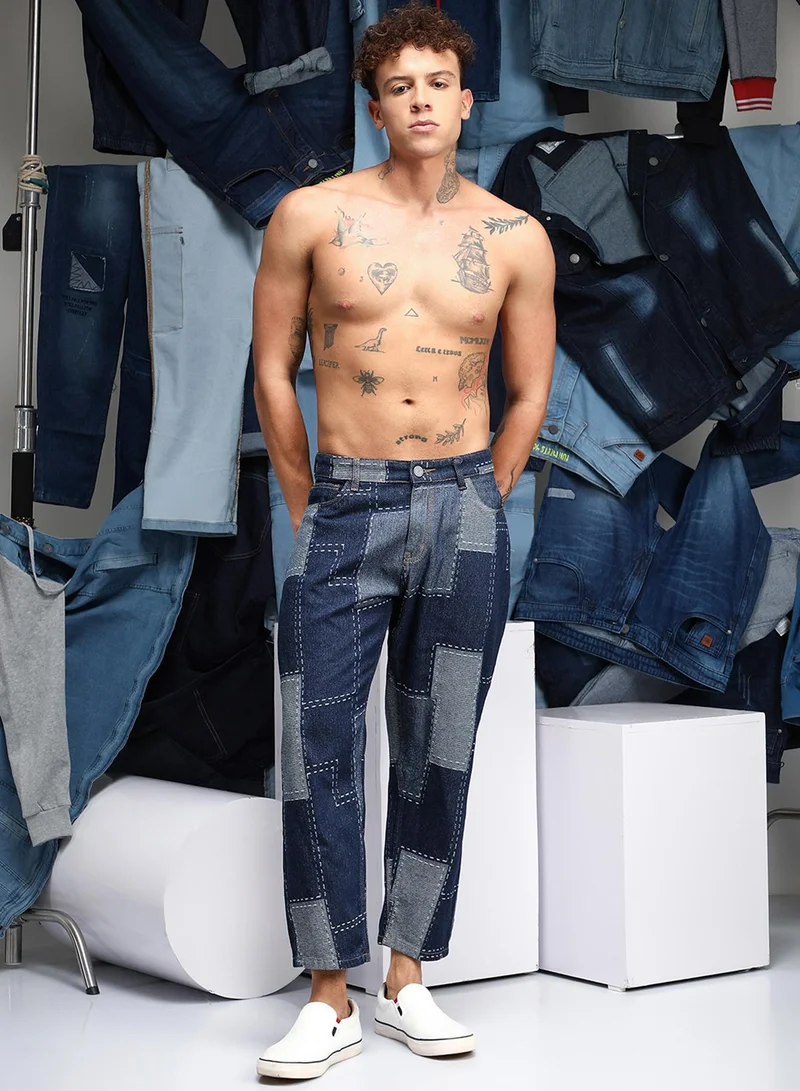 CAHOOT  Men's Navy Blue Patched Straight-Fit Denim Jeans for Men | Best Price UAE
