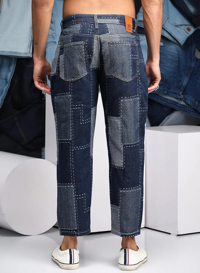 CAHOOT  Men's Navy Blue Patched Straight-Fit Denim Jeans for Men | Best Price UAE
