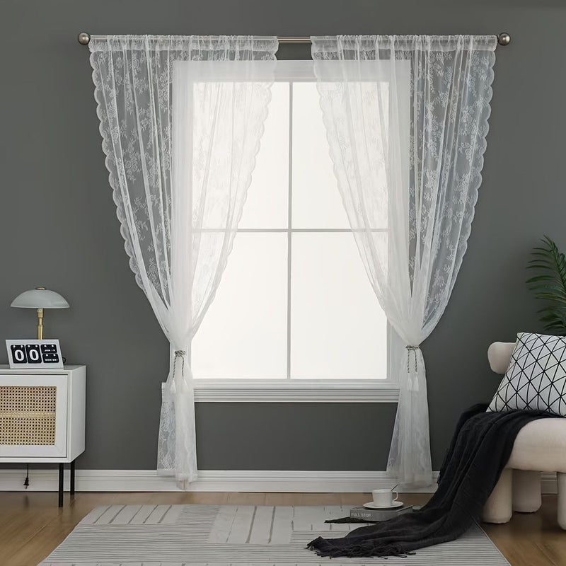 2pcs White Sheer Lace Curtain Set 150x114cm For Dressing Table Wardrobe Living Room Kitchen Door Outdoor Wedding Short Pole Top Curtain - Image 3