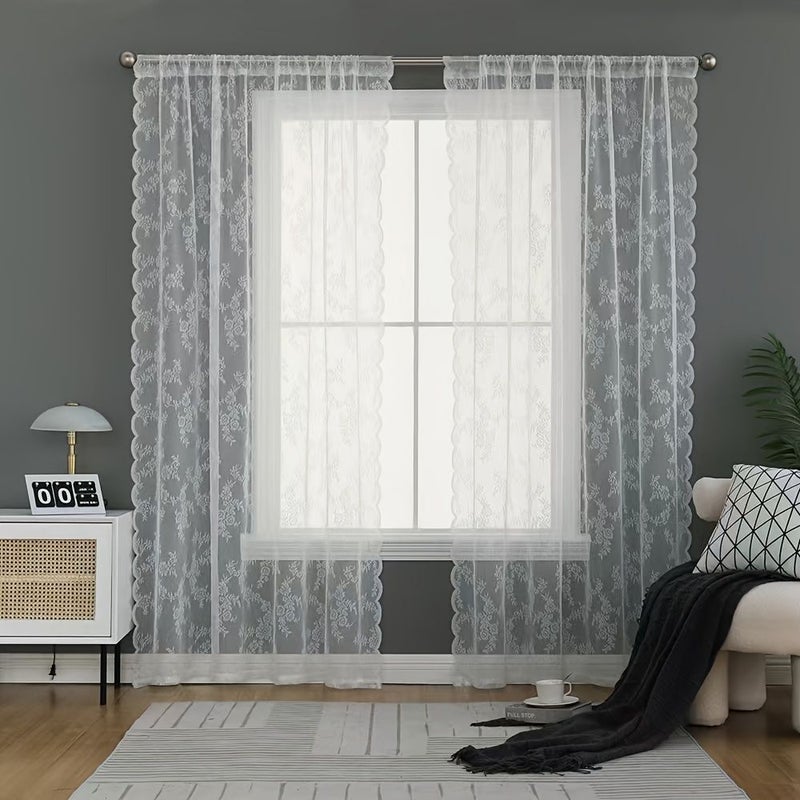 2pcs White Sheer Lace Curtain Set 150x114cm For Dressing Table Wardrobe Living Room Kitchen Door Outdoor Wedding Short Pole Top Curtain - Image 2