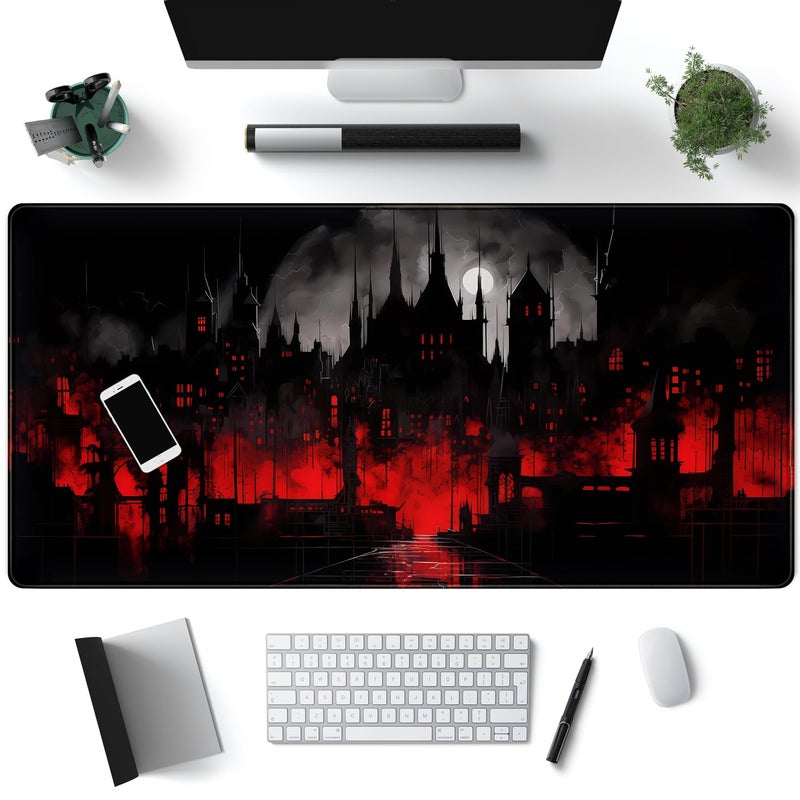 Mechanical Cattle Black Castle Large Mouse Pad Red and Black Mousepad Gaming Playmat Game Mat, Big Full Keyboard and Mouse Pads Cool Desk Pad for Keyboard with Stitched Edges Anti-Slip Desk mat 31.5" X 15.7 " - Image 1