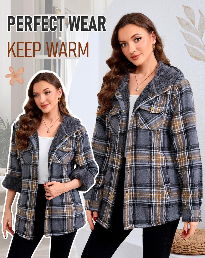 Elesuit Women's Fleece Flannel Jacket Plaid Sherpa Lined Jacket Long Sleeve Button Down Hooded Jackets for Women Grey Medium - Image 5