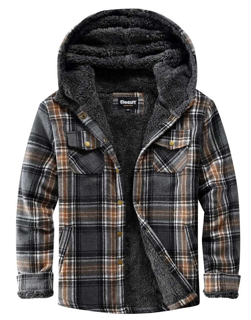 Elesuit Women's Fleece Flannel Jacket Plaid Sherpa Lined Jacket Long Sleeve Button Down Hooded Jackets for Women Grey Medium - Image 1