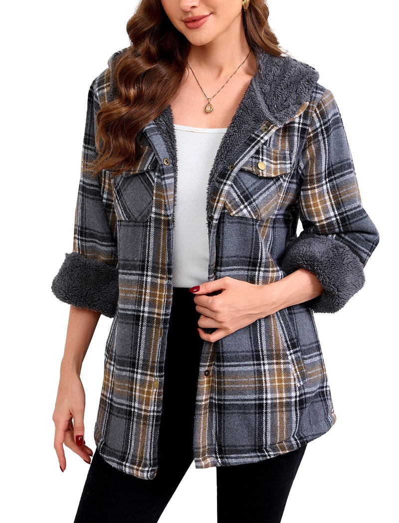 Elesuit Women's Fleece Flannel Jacket Plaid Sherpa Lined Jacket Long Sleeve Button Down Hooded Jackets for Women Grey Medium - Image 2
