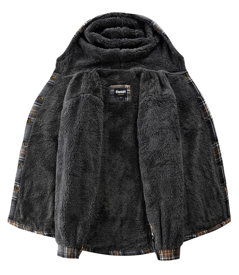 Elesuit Women's Fleece Flannel Jacket Plaid Sherpa Lined Jacket Long Sleeve Button Down Hooded Jackets for Women Grey Medium - Image 4