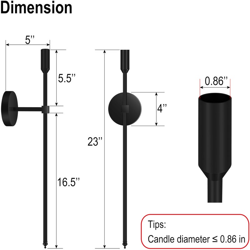Lumpro 23-inch Large Wall Candle Sconces, Set of 2, Wall Mounted Candle Holder, Modern Chic Home Decor for Bedroom, Dining Room, Living Room (Black) - Image 2
