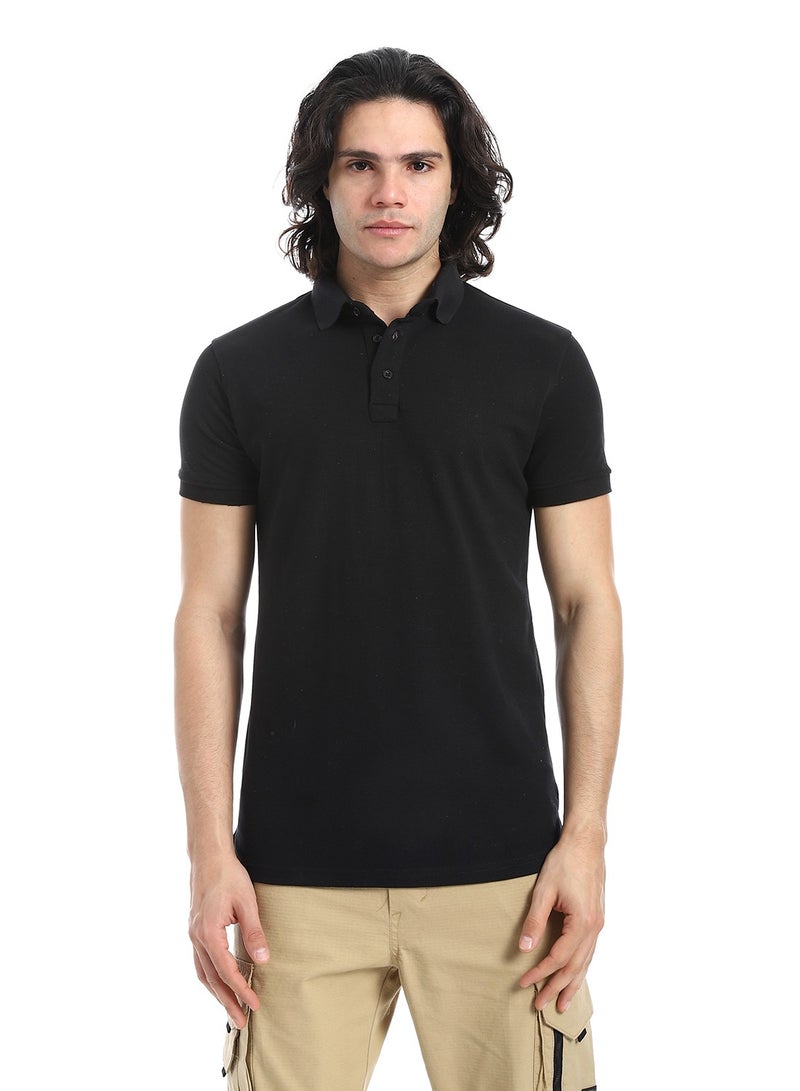 Andora Pique Pattern Short Sleeves Black Polo Shirt_Black - Image 1
