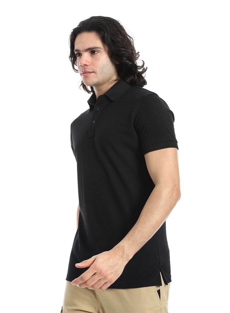 Andora Pique Pattern Short Sleeves Black Polo Shirt_Black - Image 2