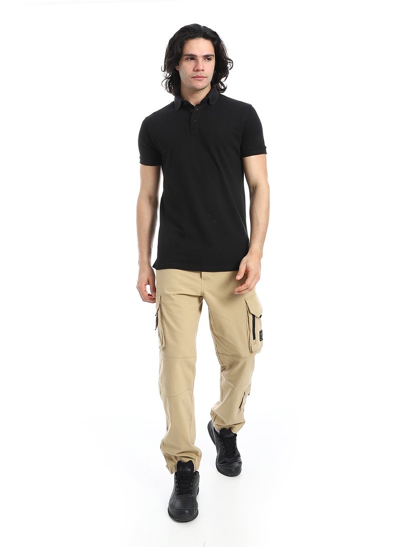 Andora Pique Pattern Short Sleeves Black Polo Shirt_Black - Image 5