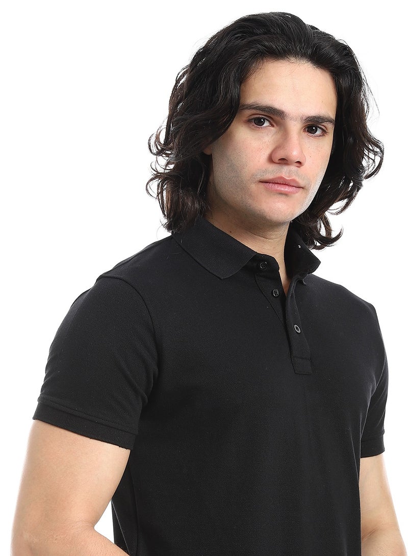 Andora Pique Pattern Short Sleeves Black Polo Shirt_Black - Image 4