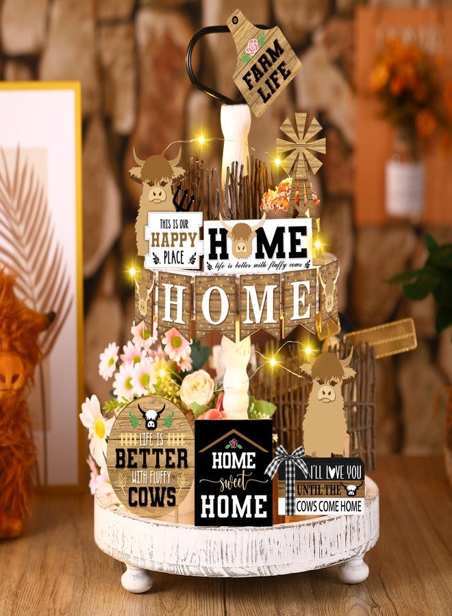 Soaoo 16 Pcs Rustic Tiered Tray Decor Gnome Plush Tray Decor Farmhouse Rustic Wood Table Signs with String Lights for Holiday Table Centerpieces Home Decorations (Highland Cow) - Image 2