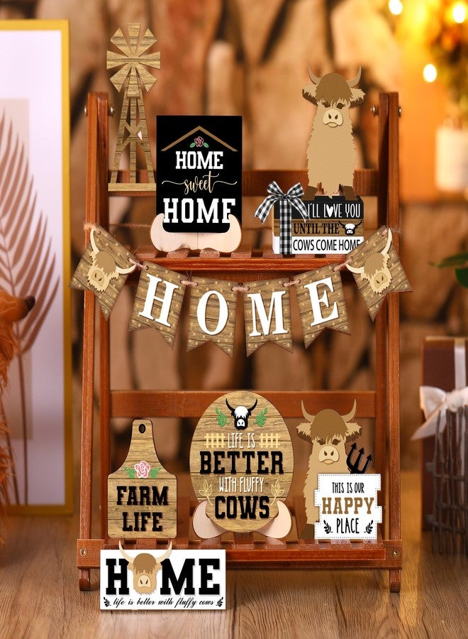 Soaoo 16 Pcs Rustic Tiered Tray Decor Gnome Plush Tray Decor Farmhouse Rustic Wood Table Signs with String Lights for Holiday Table Centerpieces Home Decorations (Highland Cow) - Image 5