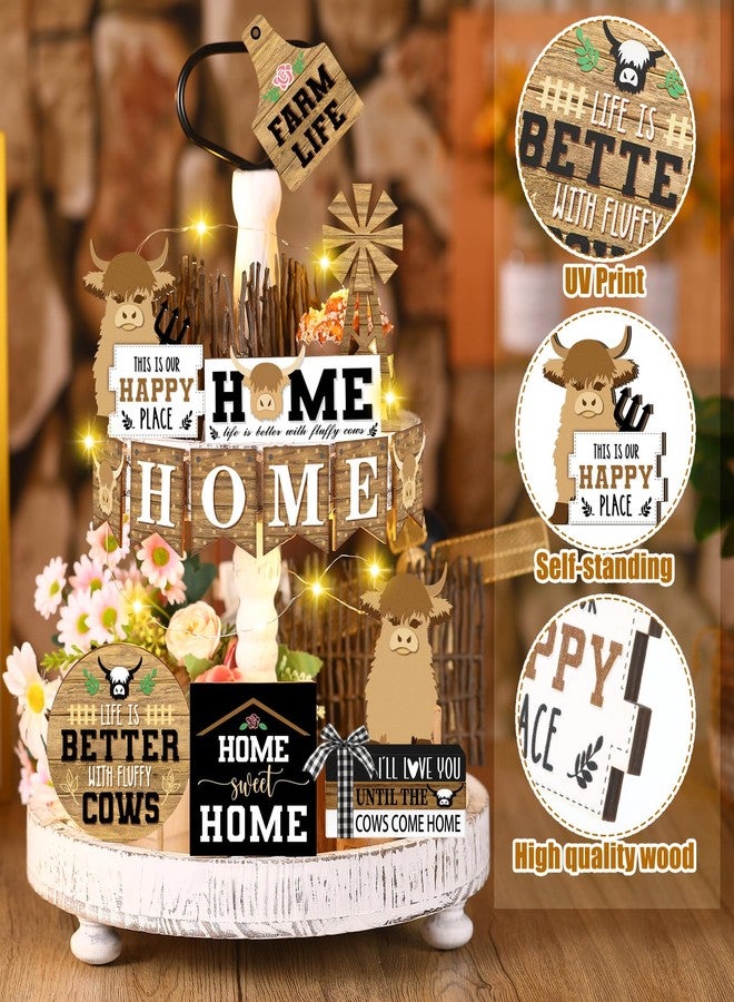 Soaoo 16 Pcs Rustic Tiered Tray Decor Gnome Plush Tray Decor Farmhouse Rustic Wood Table Signs with String Lights for Holiday Table Centerpieces Home Decorations (Highland Cow) - Image 4