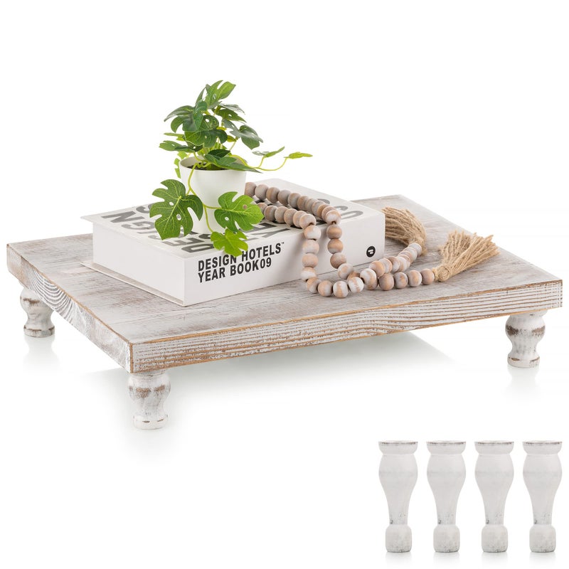 Hanobe Wooden Riser Decorative Tray Farmhouse Wood Pedestal Display Stand Rustic Whitewashed Tray Riser Centerpiece for Coffee Bar Kitchen Dining Room Home Table Decor Short  Tall Footed