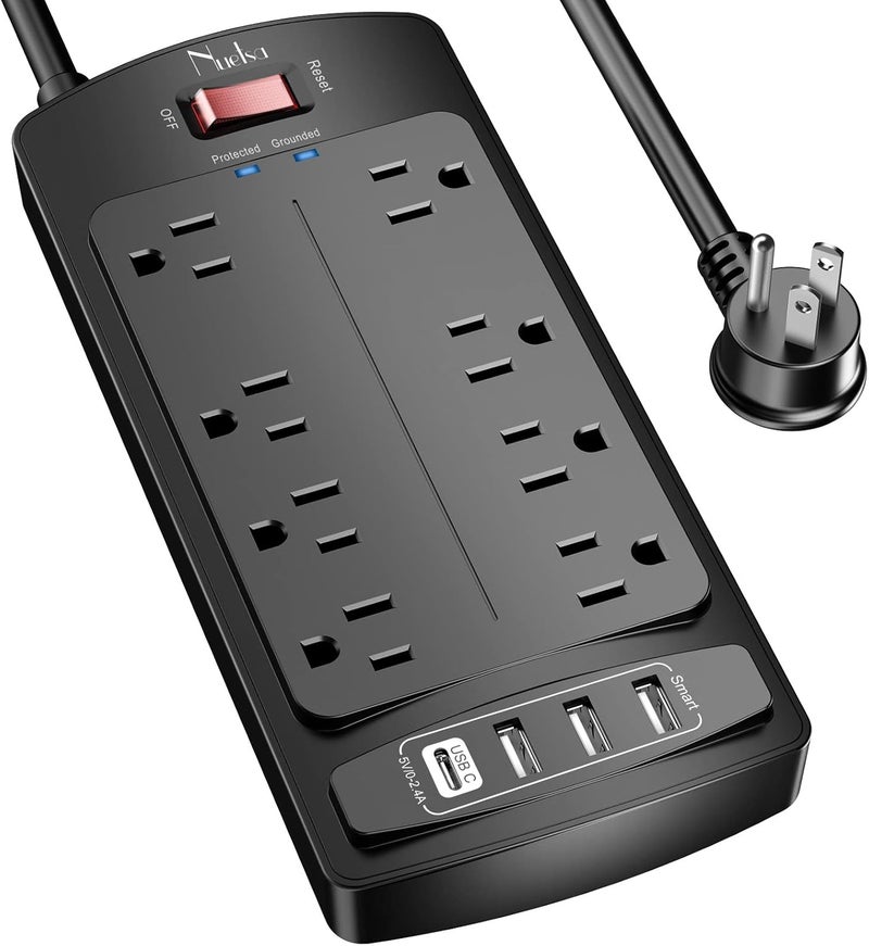 Nuetsa Surge Protector Power Strip - Flat Plug Extension Cord with 8 Outlets and 4 USB Ports, 6 Feet Power Cord (1625W/13A), 2700 Joules, ETL Listed, Black - Image 1