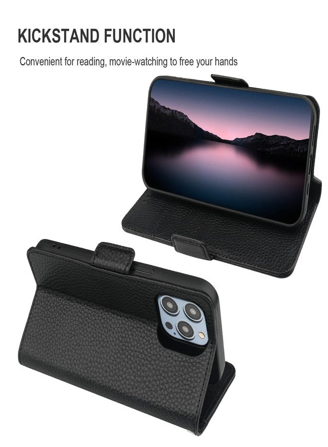 Bocasal Wallet Case for iPhone 14 Pro 5G, Genuine Leather Support Wireless Charging RFID Blocking Flip Case Card Slots Holder, Kickstand Book Folding Folio Cover with Wrist Strap 6.1 Inch(Black) - Image 5