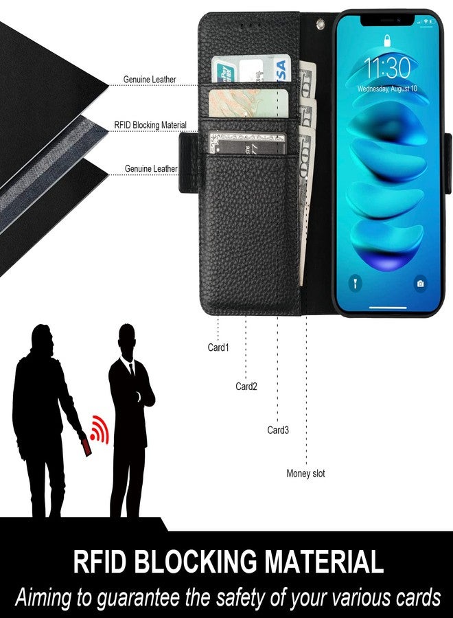 Bocasal Wallet Case for iPhone 14 Pro 5G, Genuine Leather Support Wireless Charging RFID Blocking Flip Case Card Slots Holder, Kickstand Book Folding Folio Cover with Wrist Strap 6.1 Inch(Black) - Image 3