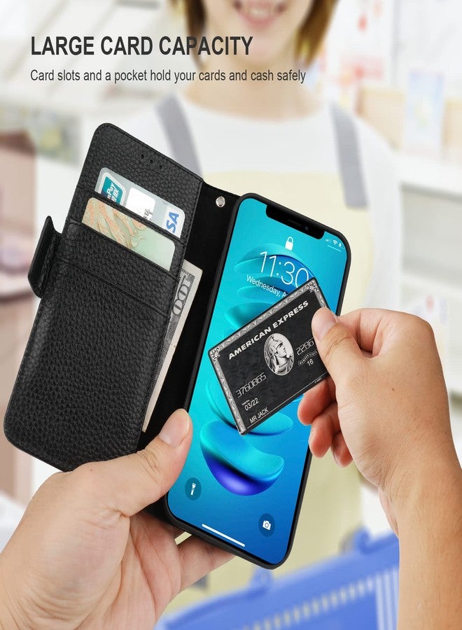 Bocasal Wallet Case for iPhone 14 Pro 5G, Genuine Leather Support Wireless Charging RFID Blocking Flip Case Card Slots Holder, Kickstand Book Folding Folio Cover with Wrist Strap 6.1 Inch(Black) - Image 4