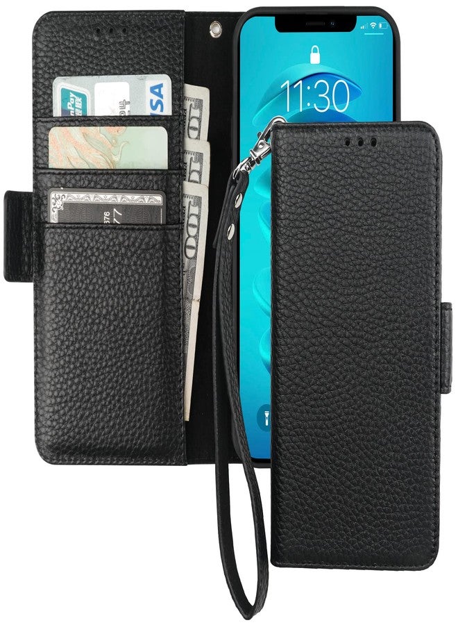 Bocasal Wallet Case for iPhone 14 Pro 5G, Genuine Leather Support Wireless Charging RFID Blocking Flip Case Card Slots Holder, Kickstand Book Folding Folio Cover with Wrist Strap 6.1 Inch(Black) - Image 1