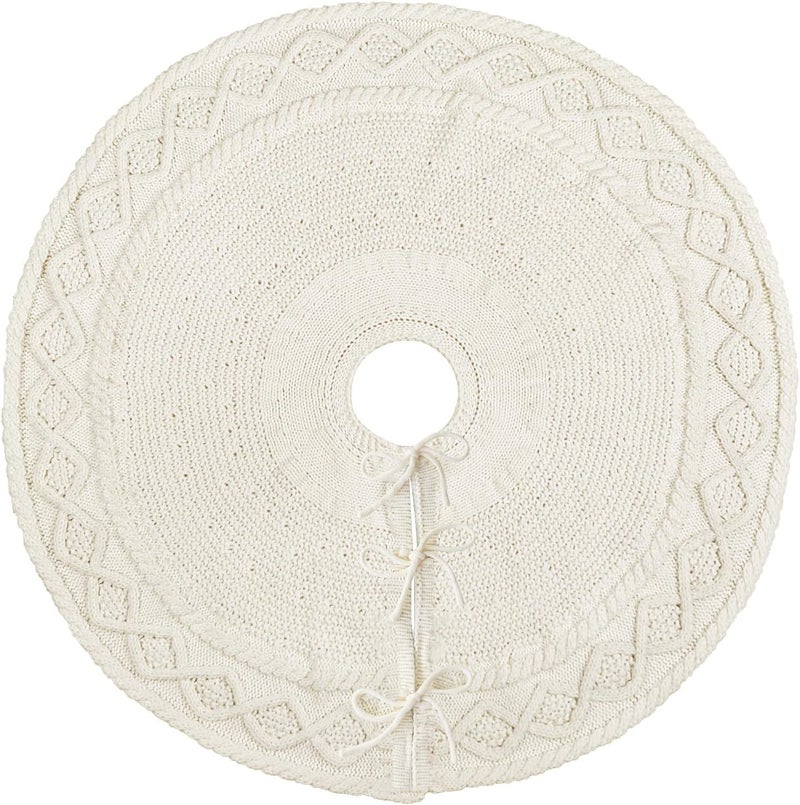 LimBridge 36 inch Christmas Tree Skirt: Pencil Tree Skirt for 6ft Tree, Diamond Edge Knit Cream White Small Tree Skirt, Vintage Tree Skirts, Rustic Farmhouse Christmas Decorations - Image 3