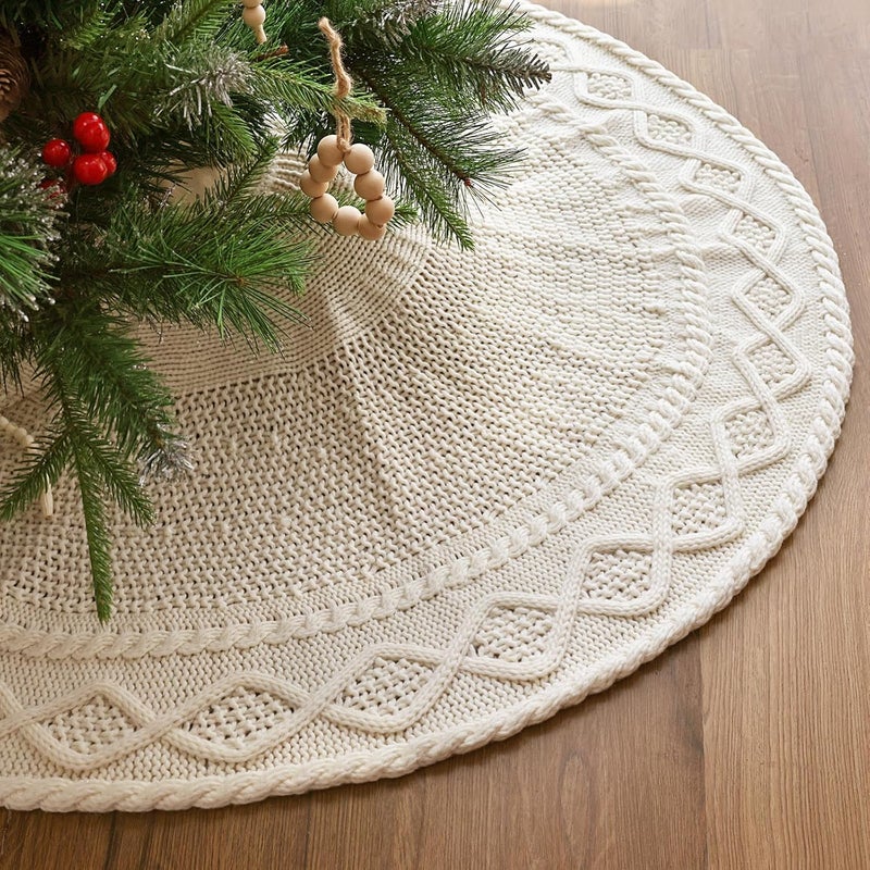 LimBridge 36 inch Christmas Tree Skirt: Pencil Tree Skirt for 6ft Tree, Diamond Edge Knit Cream White Small Tree Skirt, Vintage Tree Skirts, Rustic Farmhouse Christmas Decorations - Image 1