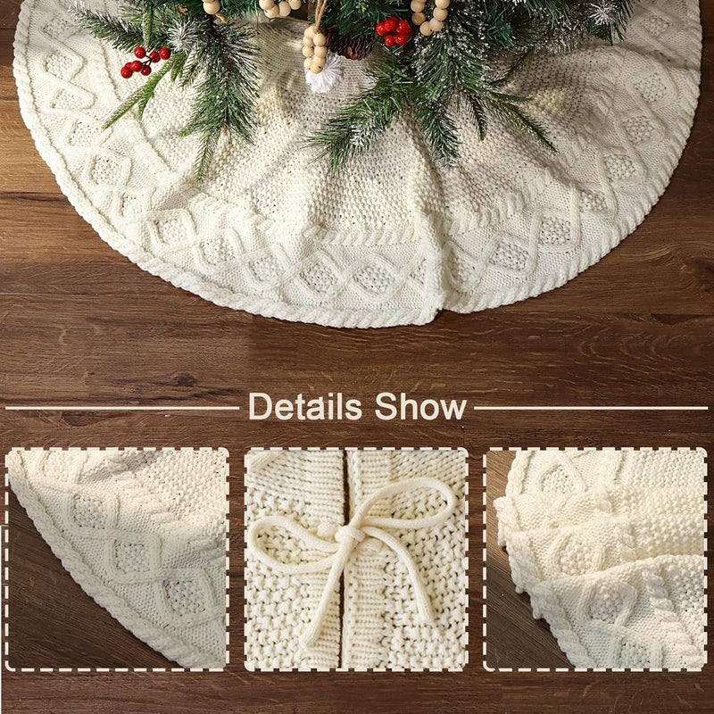 LimBridge 36 inch Christmas Tree Skirt: Pencil Tree Skirt for 6ft Tree, Diamond Edge Knit Cream White Small Tree Skirt, Vintage Tree Skirts, Rustic Farmhouse Christmas Decorations - Image 4