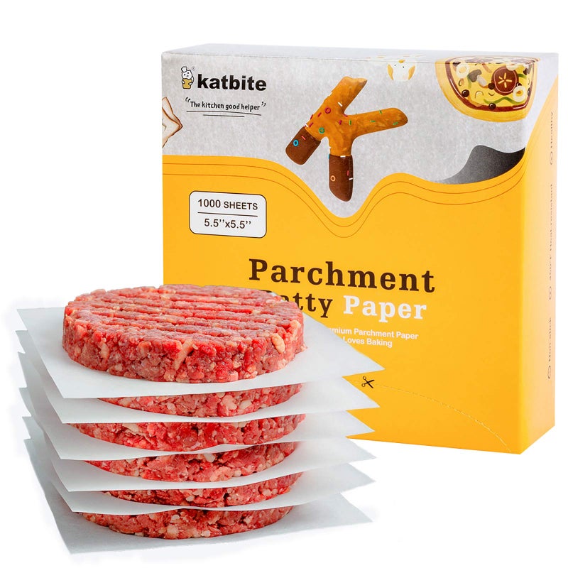Katbite Hamburger Patty Paper 1000Pcs 55x55 Non Stick Parchment Paper Squares Sheets for Patty Seperate Burger Press Ground Beef Freezing or Candy Wrappers Use for Oven Microwave or Freezer