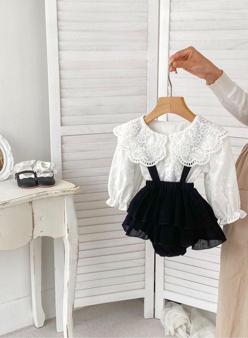 Baby Clothes For Spring Female Baby Solid Color Big Collar Shirt, Shoulder Strap Bag, Fart Pants  - Image 1