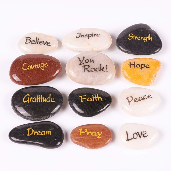 12 ENGRAVED INSPIRATIONAL STONES POCKET SIZE HIGHLY POLISHED NATURAL RIVER ROCK FAITH STONE BULK LOT SET OF 12 12 DIFFERENT SAYINGS