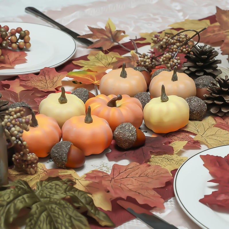 Ghrdopy 21Pcs Fake Pumpkins Fall Thanksgiving Decorations,Plastic Pumpkins with Acorns,Maple Leaves,Artificial Mini Pumpkin Decorating Autumn Harvest Outdoor Indoor Home Decor Centerpiece Table Decorations - Image 5