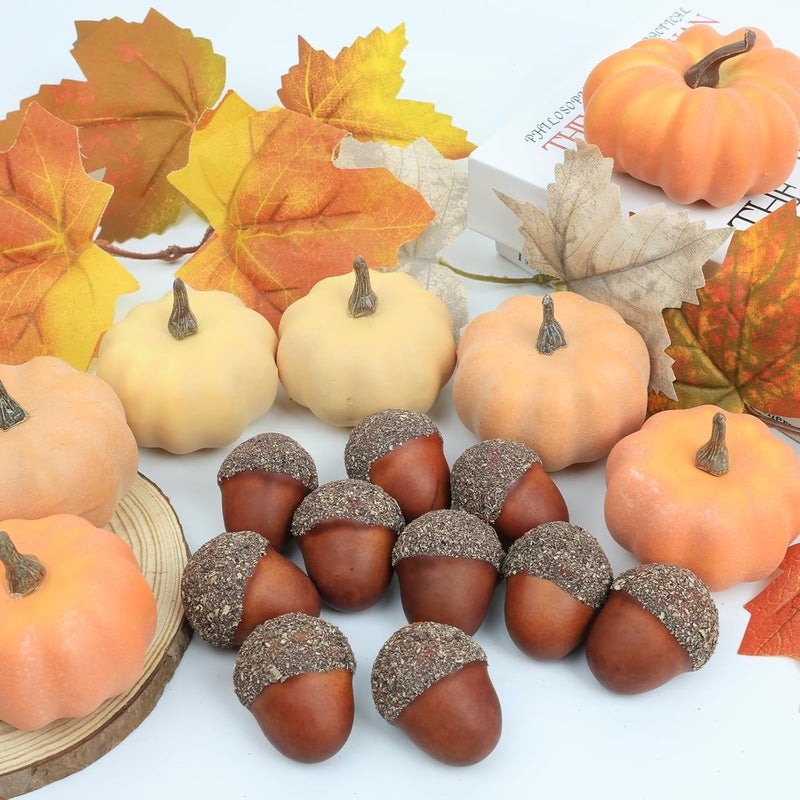 Ghrdopy 21Pcs Fake Pumpkins Fall Thanksgiving Decorations,Plastic Pumpkins with Acorns,Maple Leaves,Artificial Mini Pumpkin Decorating Autumn Harvest Outdoor Indoor Home Decor Centerpiece Table Decorations - Image 2