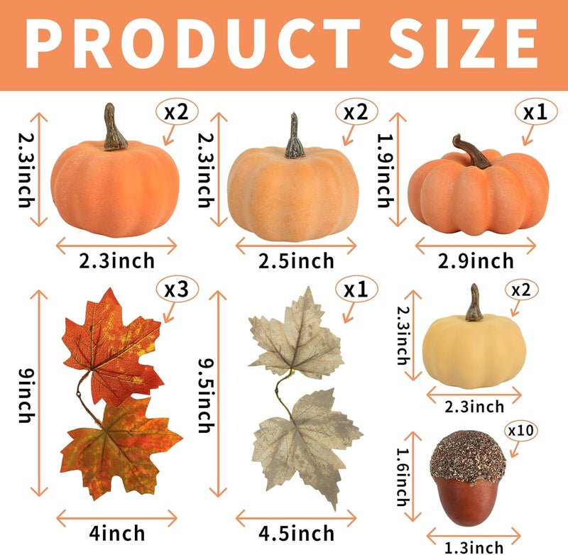 Ghrdopy 21Pcs Fake Pumpkins Fall Thanksgiving Decorations,Plastic Pumpkins with Acorns,Maple Leaves,Artificial Mini Pumpkin Decorating Autumn Harvest Outdoor Indoor Home Decor Centerpiece Table Decorations - Image 3
