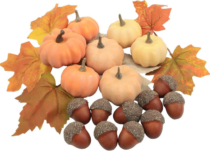 Ghrdopy 21Pcs Fake Pumpkins Fall Thanksgiving Decorations,Plastic Pumpkins with Acorns,Maple Leaves,Artificial Mini Pumpkin Decorating Autumn Harvest Outdoor Indoor Home Decor Centerpiece Table Decorations - Image 1