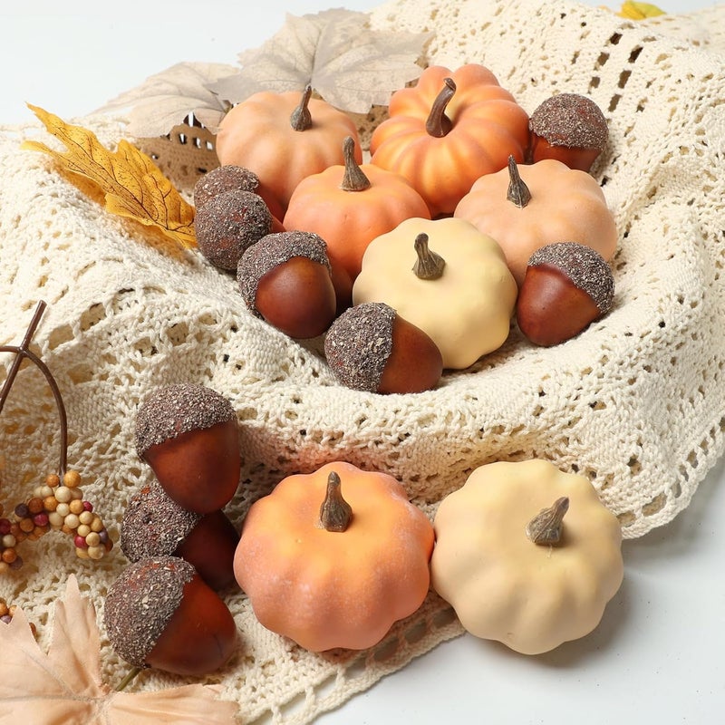 Ghrdopy 21Pcs Fake Pumpkins Fall Thanksgiving Decorations,Plastic Pumpkins with Acorns,Maple Leaves,Artificial Mini Pumpkin Decorating Autumn Harvest Outdoor Indoor Home Decor Centerpiece Table Decorations - Image 4