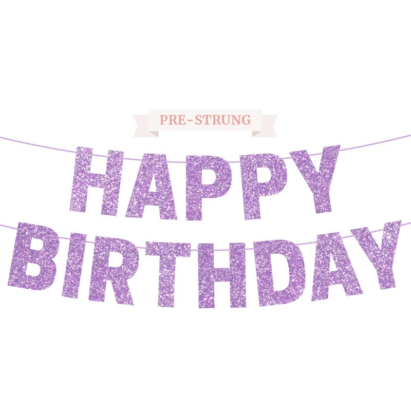 Perfect Occasion Pre-strung Happy Birthday Banner - No DIY - Purple Glitter Happy Birthday Party Banner for Girls & Women - Pre-strung on 8ft Strands - Light Pastel Purple Bday Party Decorations. Did We Mention No DIY - Image 1