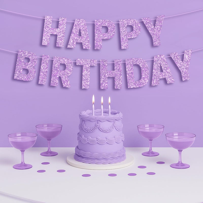Perfect Occasion Pre-strung Happy Birthday Banner - No DIY - Purple Glitter Happy Birthday Party Banner for Girls & Women - Pre-strung on 8ft Strands - Light Pastel Purple Bday Party Decorations. Did We Mention No DIY - Image 2