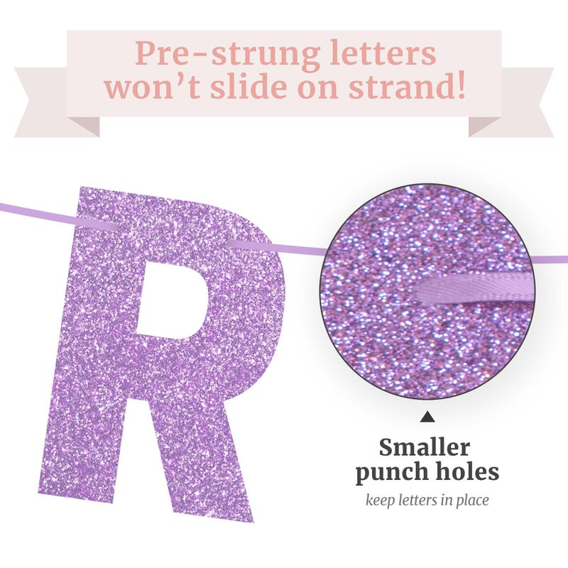 Perfect Occasion Pre-strung Happy Birthday Banner - No DIY - Purple Glitter Happy Birthday Party Banner for Girls & Women - Pre-strung on 8ft Strands - Light Pastel Purple Bday Party Decorations. Did We Mention No DIY - Image 4