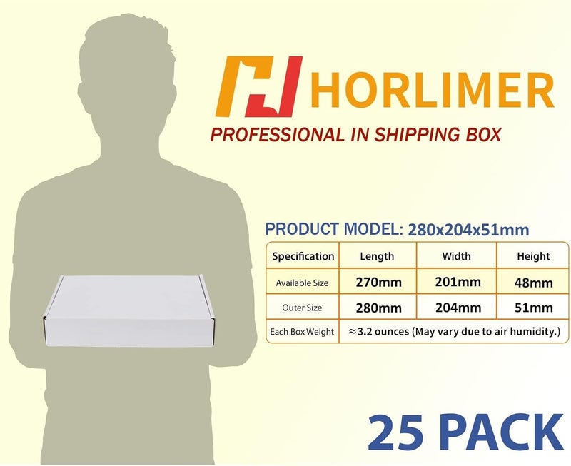 HORLIMER Pack of 25 Small Shipping Boxes, 280 x 204 x 51 mm Packaging Boxes with Lid for Goods Shipment, Gift Box, Folding Box, Postal Box (White) - Image 3