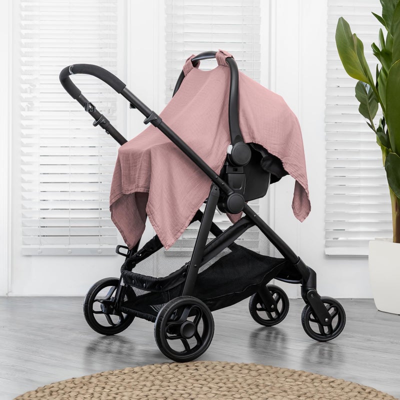 Comfy Cubs Baby Car Seat Cover - Soft, Breathable Bamboo Rayon and Muslin Cotton Blend - Lightweight Canopy for Sun, Bug, and Comfort Protection - Large Size Infant Seat Cover in Mauve Design - Image 2