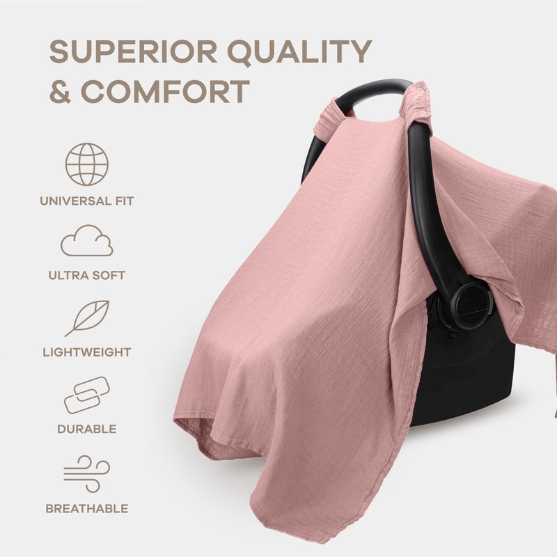 Comfy Cubs Baby Car Seat Cover - Soft, Breathable Bamboo Rayon and Muslin Cotton Blend - Lightweight Canopy for Sun, Bug, and Comfort Protection - Large Size Infant Seat Cover in Mauve Design - Image 3