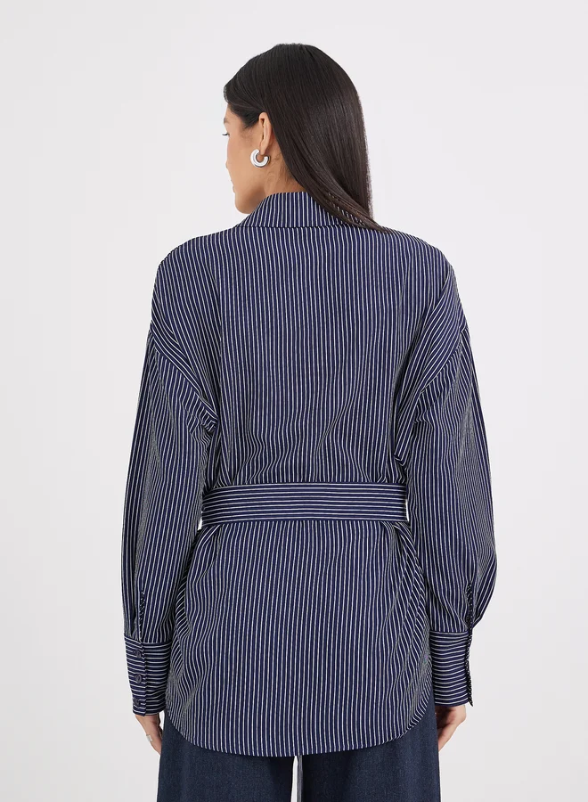 Styli Styli Navy Blue Striped Shirt with Belt